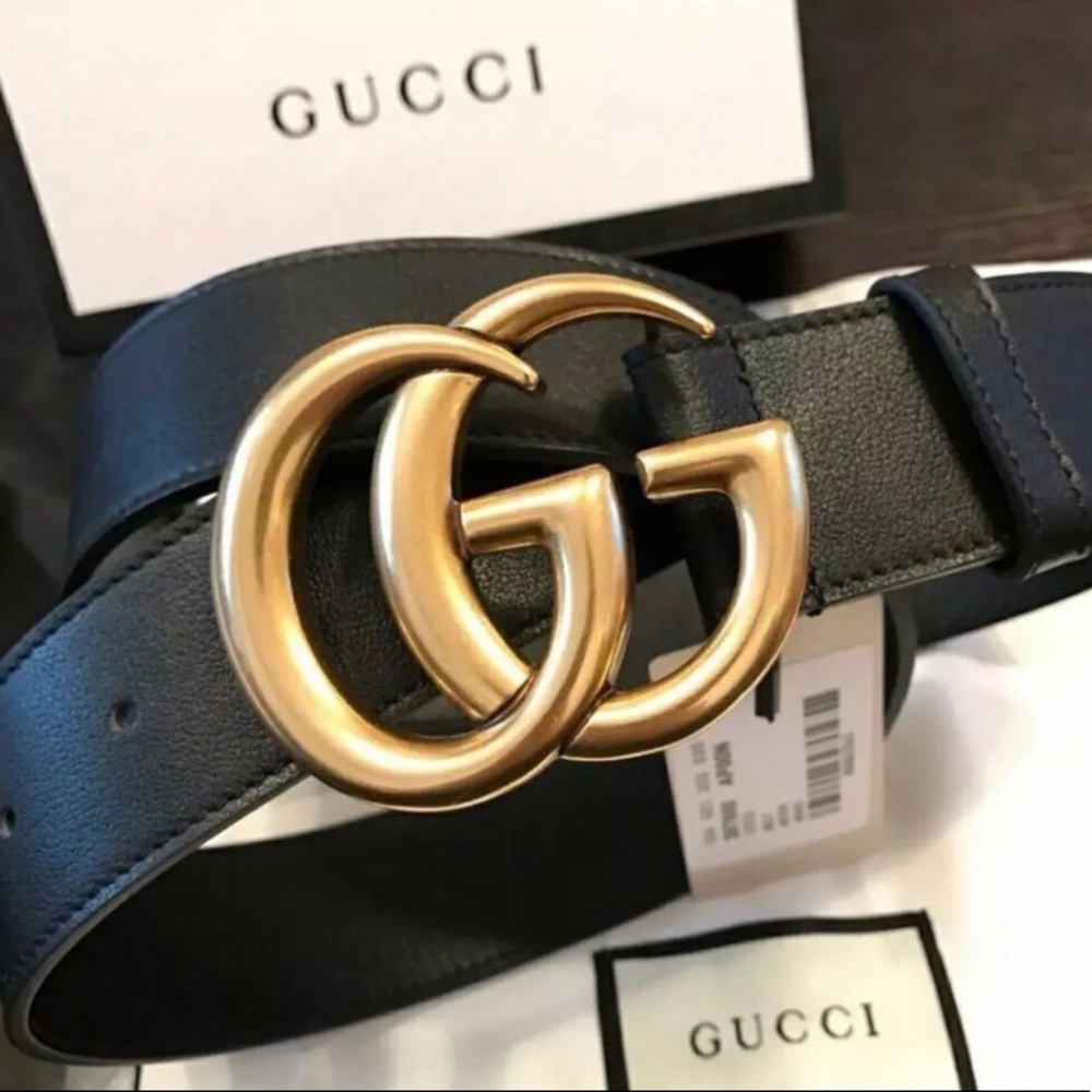Authentic Gucci double G black / gold leather belt